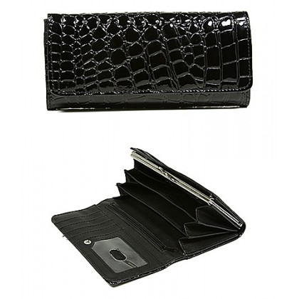 Wallet - 12 pcs Shinny Croc Embossed w/ Twisted Closure Pocket - Black - WL-AL240BK