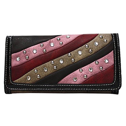 Wallet - 12 pcs Patched Wavy Stripes Wallet w/ Studs - Black -WL-JWB030BK