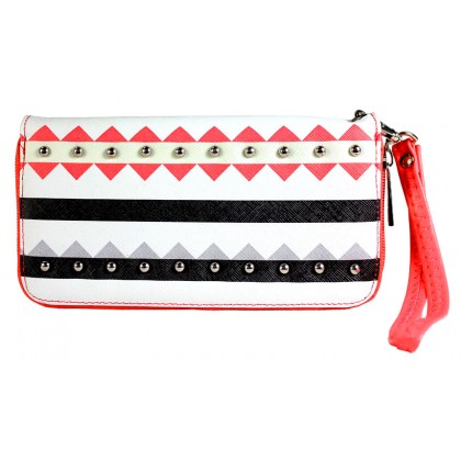 Wallet - 12 pcs Aztec Print Zippered Around with Wristlet - Coral -WL-TRO5064COR