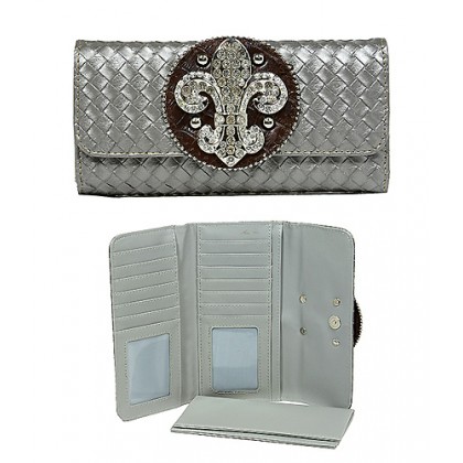 Wallet - 12 pcs Fleur de Lis Charm Wallet/Leather Like - Pewter-WL-W119PT