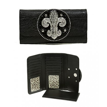 Wallet - 12 pcs Fleur de Lis Charm Wallet - Black - WL-WFDL140BK