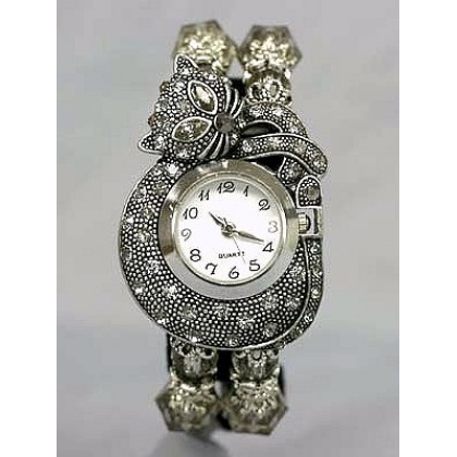 Watch – 12 PCS Bracelet Watches - Rhinestone Kitty - Smoke Black - WT-KH01407BK