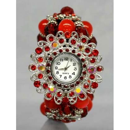 Watch – 12 PCS Bracelet Watches - Rhinestones w/ Multi Beaded Stretchable Bracelet - Red - WT-KH07232RD