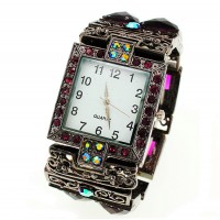 Watch – 12 PCS Bracelet Watches - Rhinestones w/ Multi Beaded Stretchable Bracelet - Purple - WT-KH11486PL