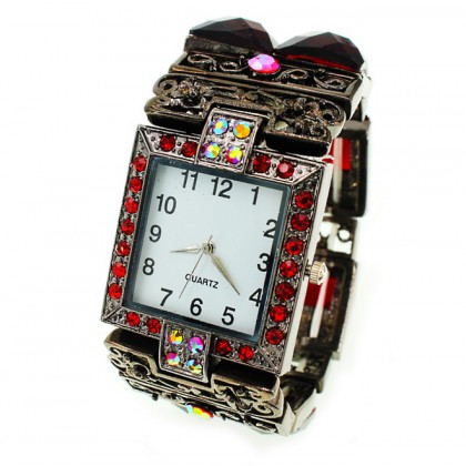 Watch – 12 PCS Bracelet Watches - Rhinestones w/ Multi Beaded Stretchable Bracelet - Red - WT-KH11486RD