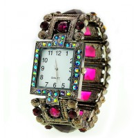 Watch – 12 PCS Bracelet Watches - Rhinestones w/ Multi Beaded Stretchable Bracelet - Purple -WT-KH11495PL