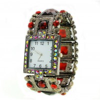Watch – 12 PCS Bracelet Watches - Rhinestones w/ Multi Beaded Stretchable Bracelet - Red - WT-KH11495RD