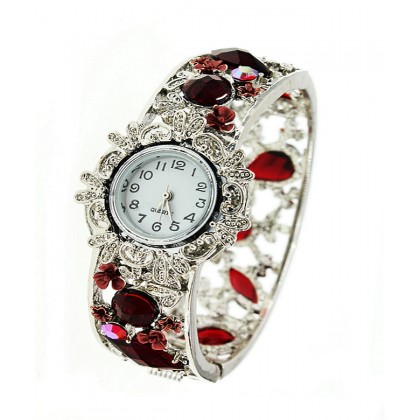 Watch – 12 PCS Bracelet Watches - Rhinestone Bangle w/ Hinge - Red - WT-KH9483RD