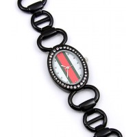 Watch – 12 PCS Lady Watches - Metal Link Strap w/ Red & Green Striped Design - Black - WT-L3070BK