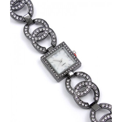 Watch – 12 PCS Lady Watches - Rhinestone Dual Circle Links - Gun -WT-L5304GUN