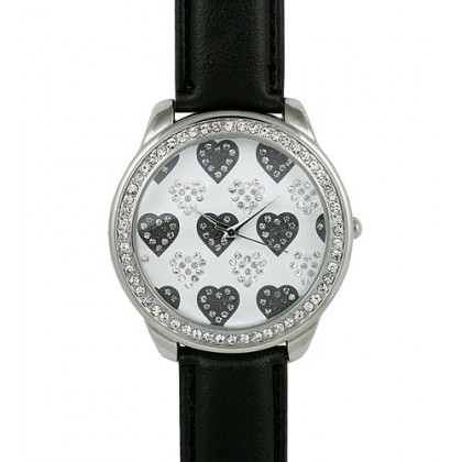 Watch – 12 PCS Lady Watches - Fine Faux Leather Band w/ Rhinestone Heart - Black -WT-L80135BK