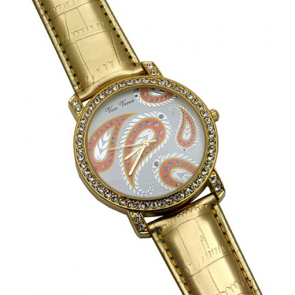 Watch – 12 PCS Lady Watches - Faux Croc Embossed Band w/ Rhinestone Paisley Print - Gold - WT-L80629GD