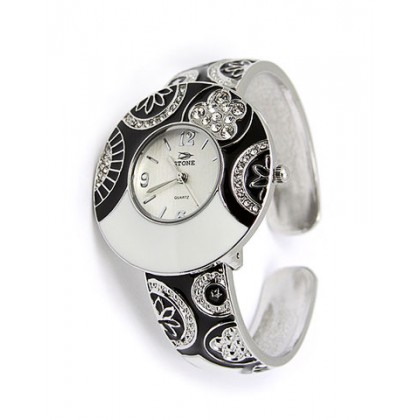 Watch – 12 PCS Lady Watches - Paved Rhinestone & Engraved Floral Cuff - Black/White -WT-L80636BK-WT