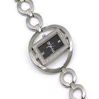 Watch – 12 PCS Lady Watches - Rhinestone Square Shape Frame w/ Loop Links Band - Black - WT-L80670BK