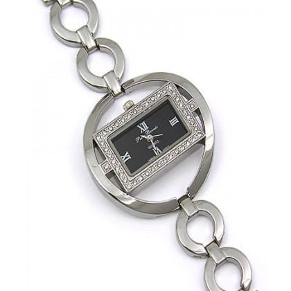 Watch – 12 PCS Lady Watches - Rhinestone Square Shape Frame w/ Loop Links Band - Black - WT-L80670BK