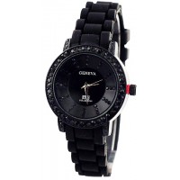 Watch – 12 PCS Lady Watches - Silicon Band w/ Rhinestone Accent - Black - WT-MN3750BK