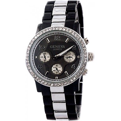 Watch – 12 PCS Lady Watches - Two-tone Metal Band w/ Rhinestone Accent - Black/Silver - WT-MN7007BK-BKSL