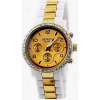 Watch – 12 PCS Lady Watches - Two-tone Metal Band w/ Rhinestone Accent - White/Gold m- WT-MN7007GD-WTGD