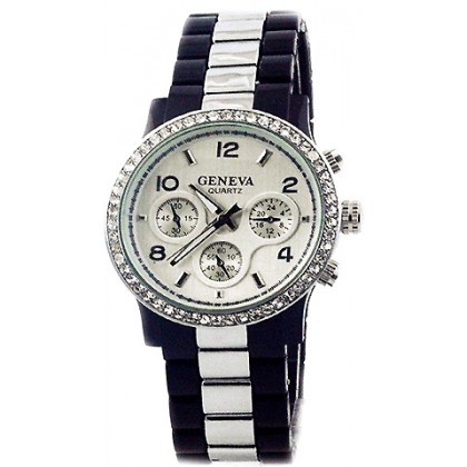 Watch – 12 PCS Lady Watches - Two-tone Metal Band w/ Rhinestone Accent - Black/Silver - WT-MN7007SL-BKSL