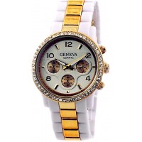 Watch – 12 PCS Lady Watches - Two-tone Metal Band w/ Rhinestone Accent - White/Gold - WT-MN7007SL-WTGD