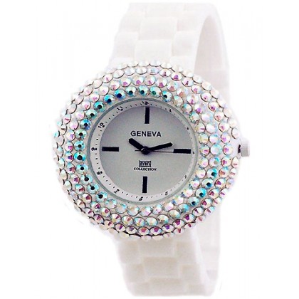 Watch – 12 PCS Lady Watches - Slicone Band w/ Rhinestones - White - WT-MN8021WT