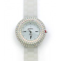 Watch – 12 PCS Lady Watches - Slicone Band w/ Rhinestones - White/Clear -WT-MN8021WTCL