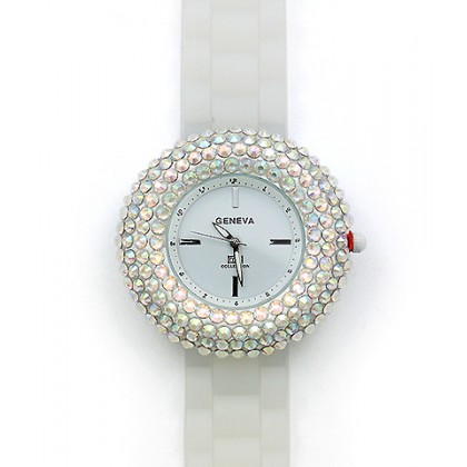 Watch – 12 PCS Lady Watches - Slicone Band w/ Rhinestones - White/Clear -WT-MN8021WTCL