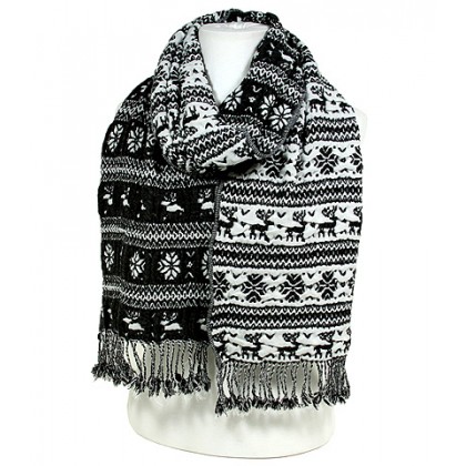 Scarf - 12 PCS Knitted  Reversible Nordic Print w/ Fringes - Gray -SF-BL1171GY