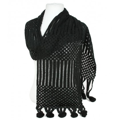 Scarf - 12 PCS Crochet w/Dangling Pompoms Scarf - Black Color - SF-S1278BK