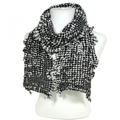 Scarf - 12 PCS 2-Tone Jacquard W/ Ruffled Trim - Black Color - SF-GF1031BK