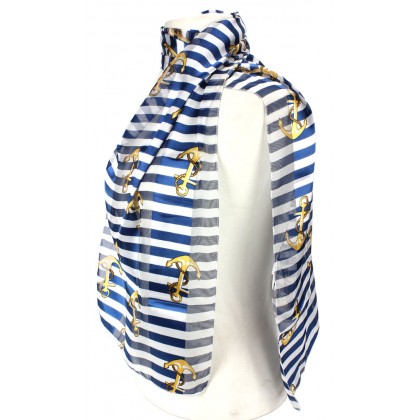 Scarf - 12 PCS Silk Feel Touch - Anchor w/ Stripes - SF-ON2013NV