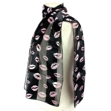 Scarf - 12 PCS Silk Feel Touch - Black w/ Pink Lips  - SF-ON2018BK-PK