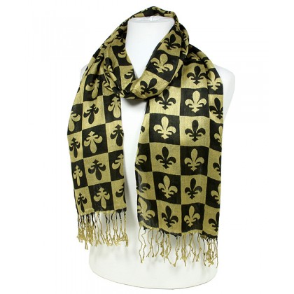 Scarf - 12 PCS Fleur De Lis In Checkers Print - Gold Color (S1072) - SF-SHL1606GD