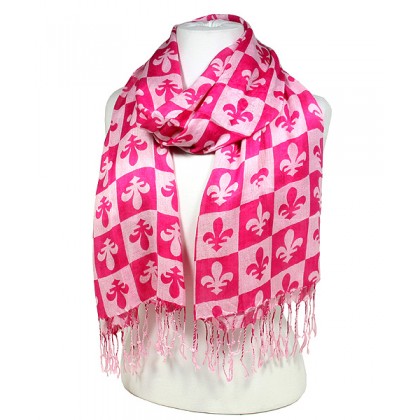 Scarf - 12 PCS Fleur De Lis In Checkers Print - Pink  Color (S1072) - SF-SHL1606PK