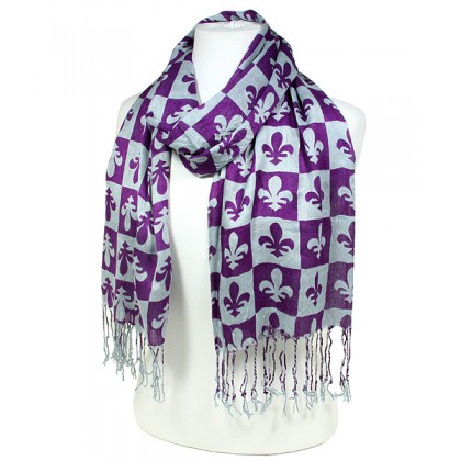 Scarf - 12 PCS Fleur De Lis In Checkers Print - Puprle  Color (S1072) - SF-SHL1606PL