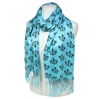 Scarf - 12 PCS Fleur De Lis Print  Shawl - Blue Color - SF-SHL1704BL