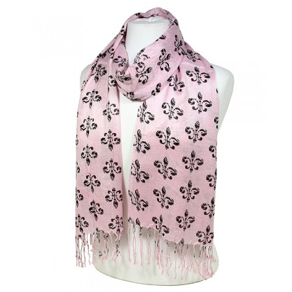 Scarf - 12 PCS Fleur De Lis Print  Shawl - Pink Color - SF-SHL1704PK