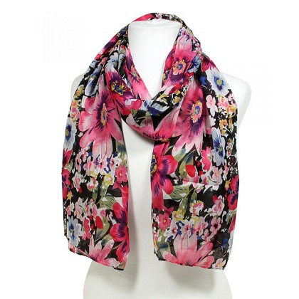 Scarf - 12 PCS Fabric Scarf - Floral Print -  Black - SF-SSF25106BK