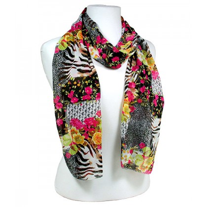 Scarf - 12 PCS Floral Print Scarf - Black - SF-VS0142BK