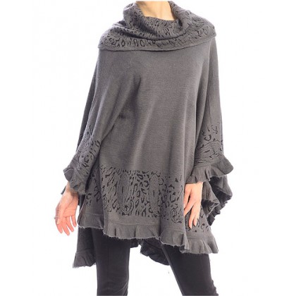 Poncho/ Shawl - 12 PCS Turtleneck Ruffled Hem - Grey - SF-FW421GY