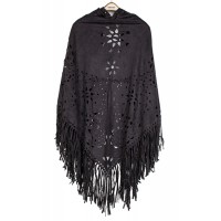 Poncho/ Shawl - 12 PCS Faux Suede Wrap with Laser Cut Graphic and Fringed Hem - Black - SF-FW812BK
