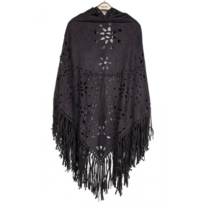 Poncho/ Shawl - 12 PCS Faux Suede Wrap with Laser Cut Graphic and Fringed Hem - Black - SF-FW812BK