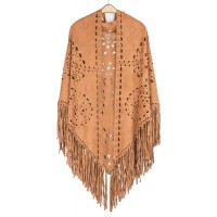 Poncho/ Shawl - 12 PCS Faux Suede Wrap with Laser Cut Graphic and Fringed Hem - Tan - SF-FW812TN