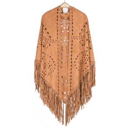 Poncho/ Shawl - 12 PCS Faux Suede Wrap with Laser Cut Graphic and Fringed Hem - Tan - SF-FW812TN