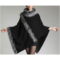 Poncho - 12 PCS Knitted Turtle Neck with Faux Fur Trim  SF-RUM27BK