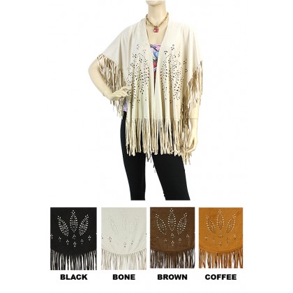 Ruana - 12 PCS Suede-Like with Laser Cut Out Pattern w/ Fringed Hem - SF-RUN22