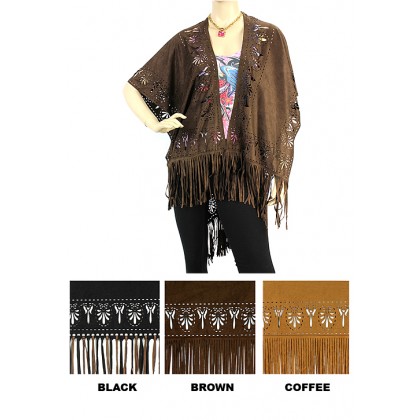 Ruana - 12 PCS Suede-Like with Laser Cut Out Greek Pattern w/ Fringed Hem  - SF-RUN24G