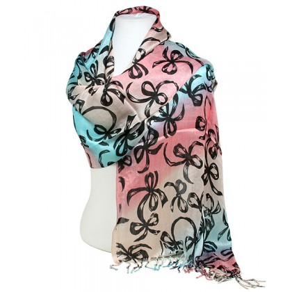 Scarf - 12 PCS Shawl - Ribbon Bows Print - Blue / Pink - SF-SHL1607BLPK