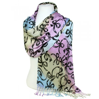 Scarf - 12 PCS Shawl - Ribbon Bows Print - Blue / Purple - SF-SHL1607BLPL