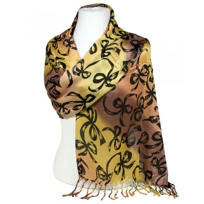 Scarf - 12 PCS Shawl - Ribbon Bows Print - Brown / Yellow - SF-SHL1607BNYL